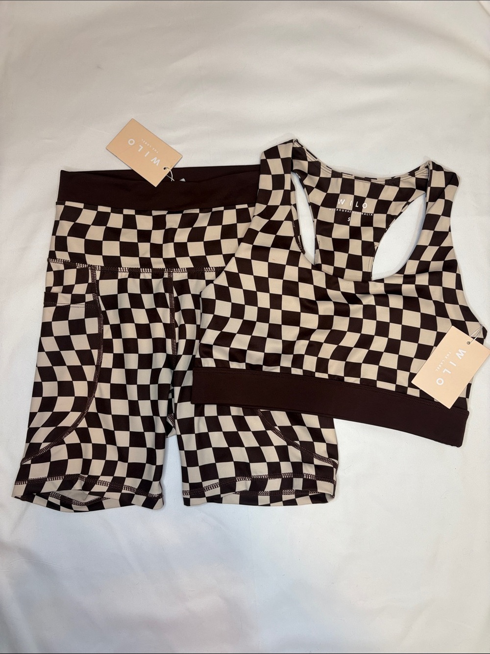 Wilo the Label Chocolate / Clay Check Sports Bra and Bike Shorts Active Set XS/S